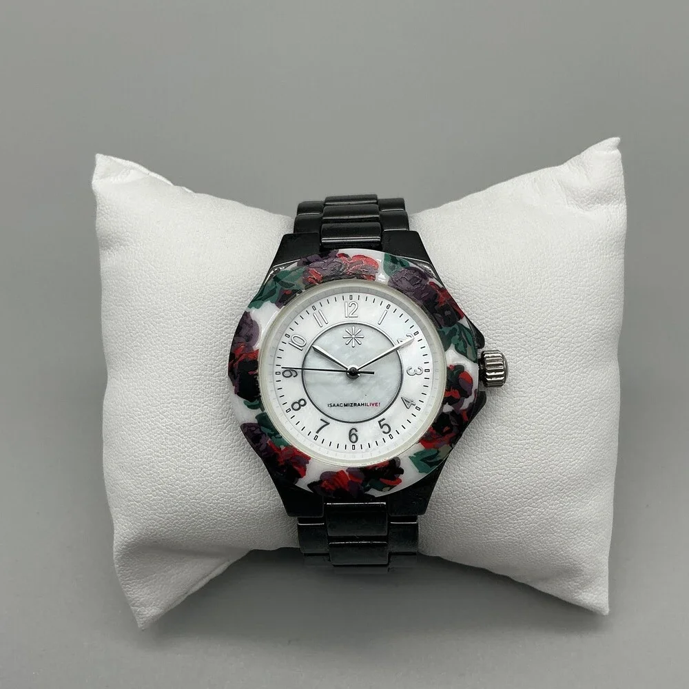 Isaac Mizrahi Live Womens Watch 35mm Floral Bezel MOP Black New Battery 6.5